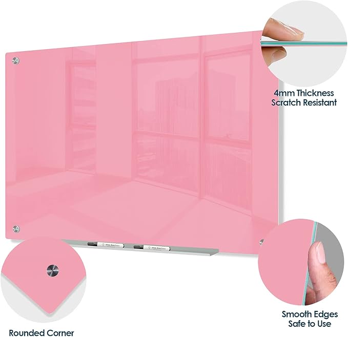 J&J worldwide Magnetic Glass Whiteboard, Wall Mounted Glass Dry Erase Board 47 x 35 Inch, Pink Surface, Frameless with Markers, Magnets, Marker Tray, Eraser for Office, Home, School