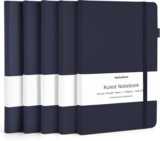 Huhuhero Notebooks Journal, Ruled Notebook, Premium Thick Paper Lined Journal, Black Hardcover Notebook for Office Home School Business Writing Note Taking Journaling, 5"×8.25" (5, Navy Blue)