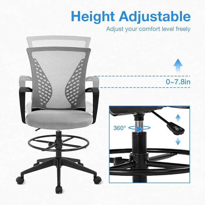 Drafting Chair Tall Office Chair Standing Desk Chair Adjustable Height with Arms Foot Rest Back Support Rolling Swivel Desk Chair Mesh Drafting Stool for Adults