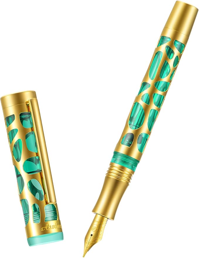 Asvine V169 Vacuum Filling Fountain Pen Iridium Medium Nib, Water Drop Skeleton Gold Trim Transparent Green Acrylic Pen Case Set