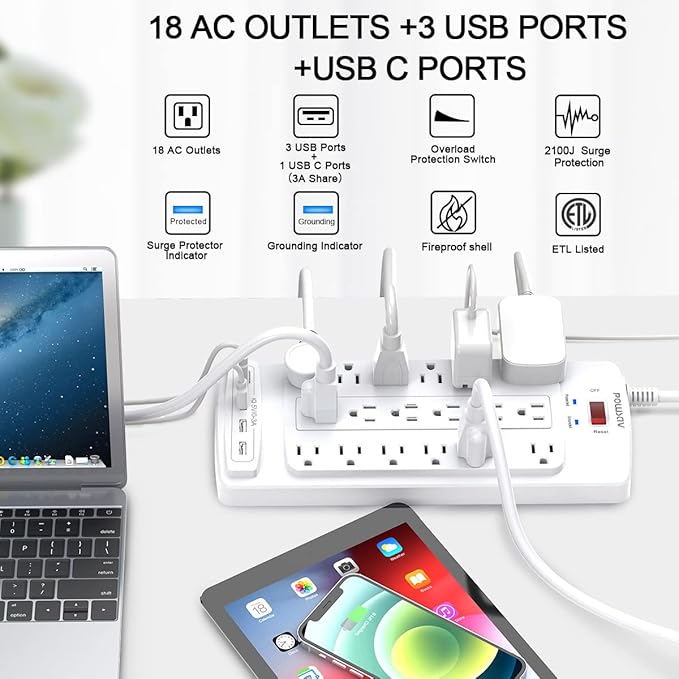 18 Outlets Surge Protector Power Strip - 6 Feet Flat Plug Heavy Duty Extension Cord with 18 Widely Outlets and 4 USB Ports, 2100 Joules, White, ETL Listed
