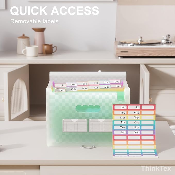 ThinkTex Accordion File Organizer, 12 - Pocket Expanding File Folders for Paper Receipts, Bills&Taxes Organizer, Letter/A4 Size Document Holder for School, Office, Home with Colorful tabs - Green