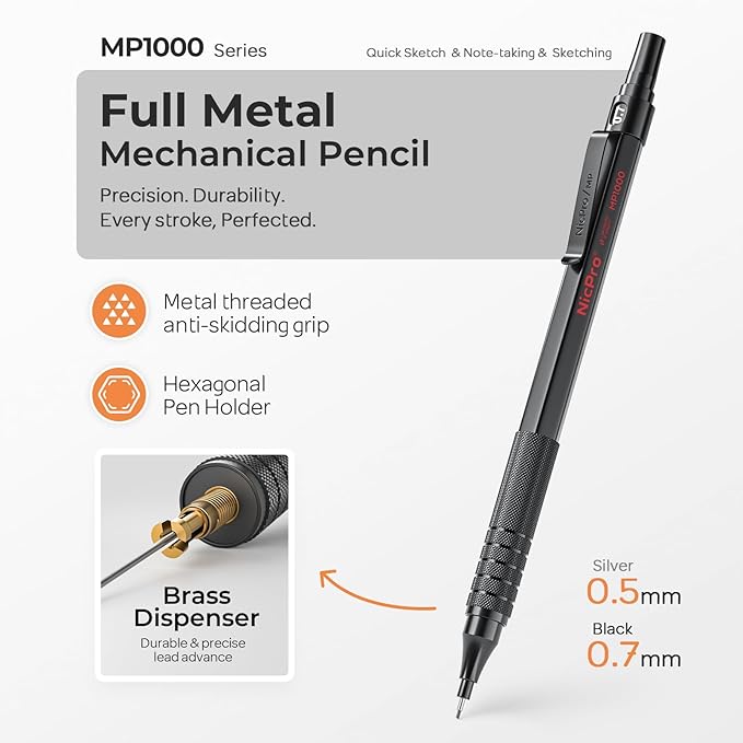 Nicpro 2 PCS Mechanical Pencils 0.5mm & 0.7 mm with Case, MP1000 Metal Artist Pencil Set with 6 Tubes HB Lead Refills, 3 Erasers, 9 Eraser Refills For Art Writing Drafting Drawing, Black & Silver
