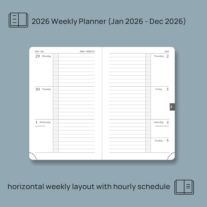 POPRUN Weekly Planner 2026 Calendar (Pocket 4'' x 6.25'') 12 Months Notebook with Horizontal Layout, Leather Hardcover, Inner Pocket, 100GSM Thick Paper, Pen Holder TJ - Aquamarine