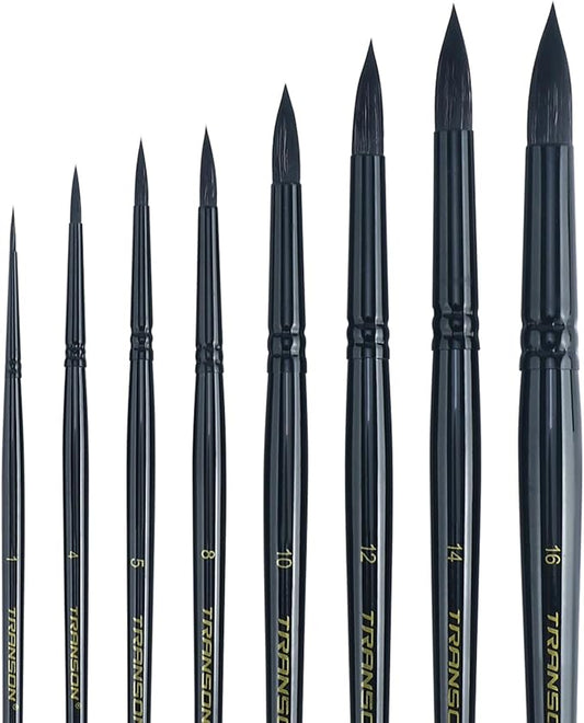 Transon 8pcs Round Watercolor Paint Brush Set Goat Hair for Watercolors,Acrylics,Inks,Gouache,Oil and Tempera Black Color
