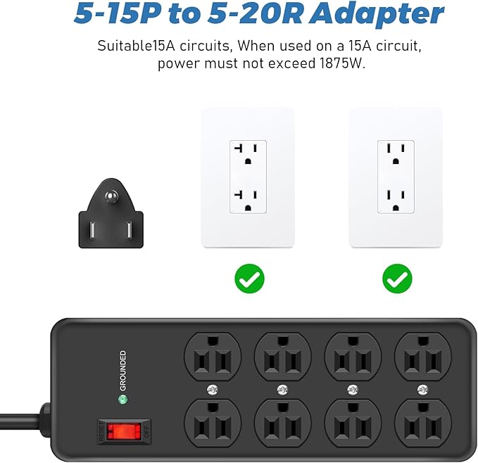 HEZI 8 Outlet Heavy Duty Power Strip, 15Amp Metal Mountable Surge Protector (2700J), Industrial Wall Mount Power Strip for Home, Office, Garage & Workshop, 15FT 14AWG Extension Cord