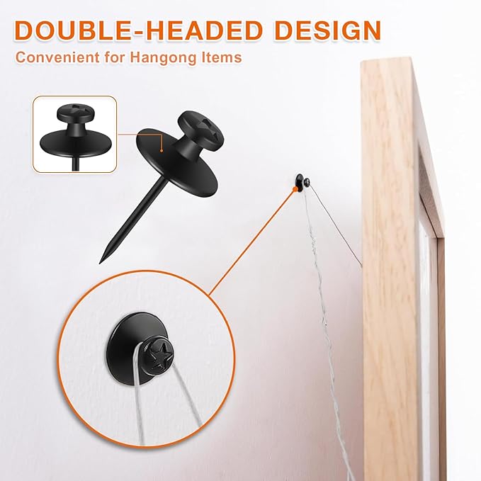 50 PCS Push Pins Picture Hangers Wall Hooks, Double Headed Thumb Tacks Without Nails, Renter Friendly Decor Thumbtacks for Tapestry Frame Art Photos (Black)