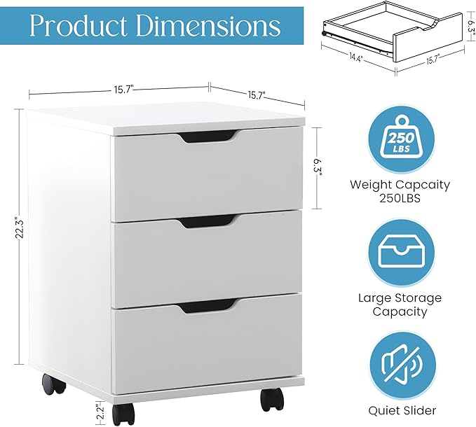 Farini 3-Drawer Under Desk Wooden File Cabinet with Lockable Caster Storage Cabinets for Home Office,White,Required Assembly