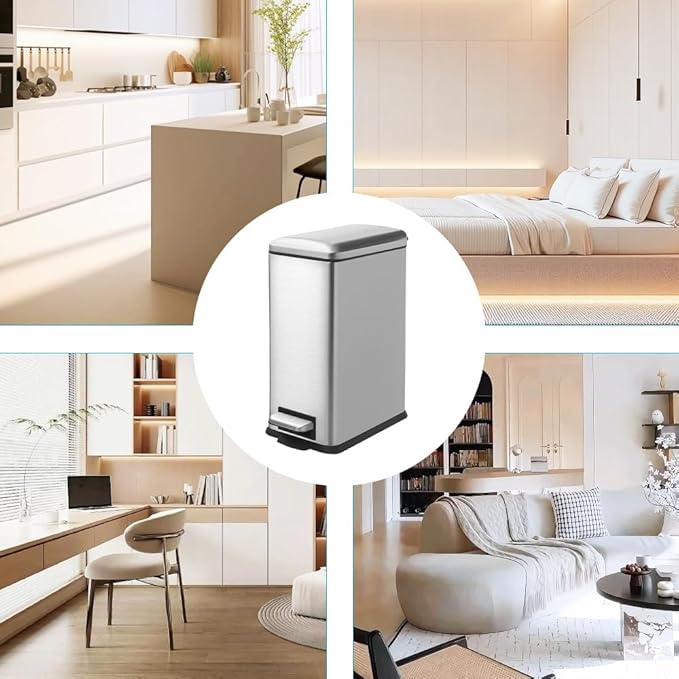 16.7L/ 4.4 Gallon Rectangular Slim Kitchen Trash Can with Removable Inner Bucket, Soft Close lid, Stainless Steel Step Pedal Garbage Can for Bathroom, Kitchen, Home Office, Brushed Silver