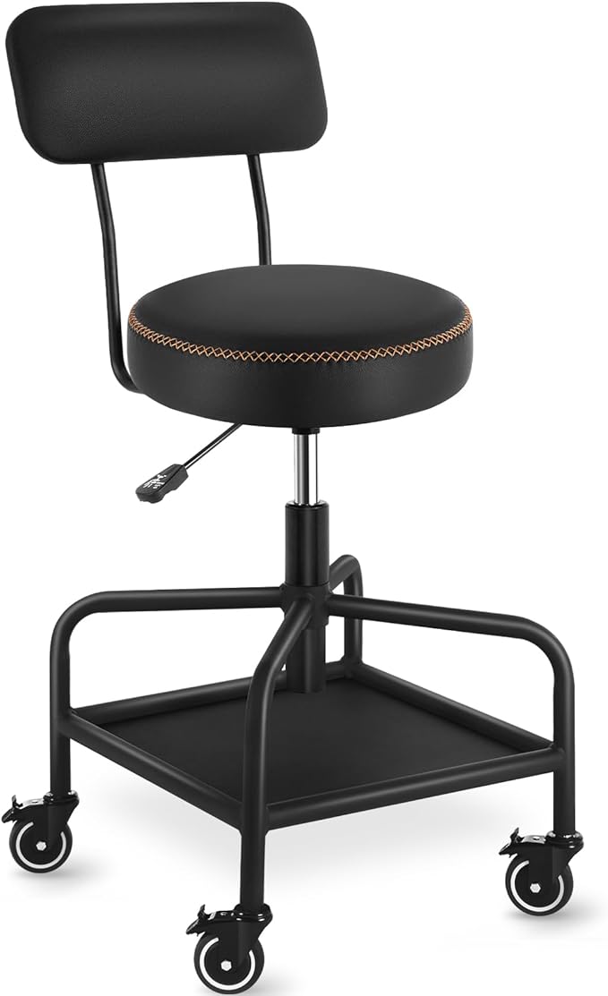 Shop Stool with Lockable Rubber Wheels Adjustable Backrest Tool Tray Storage 400 lb Capacity Rolling Garage Stool (Black)