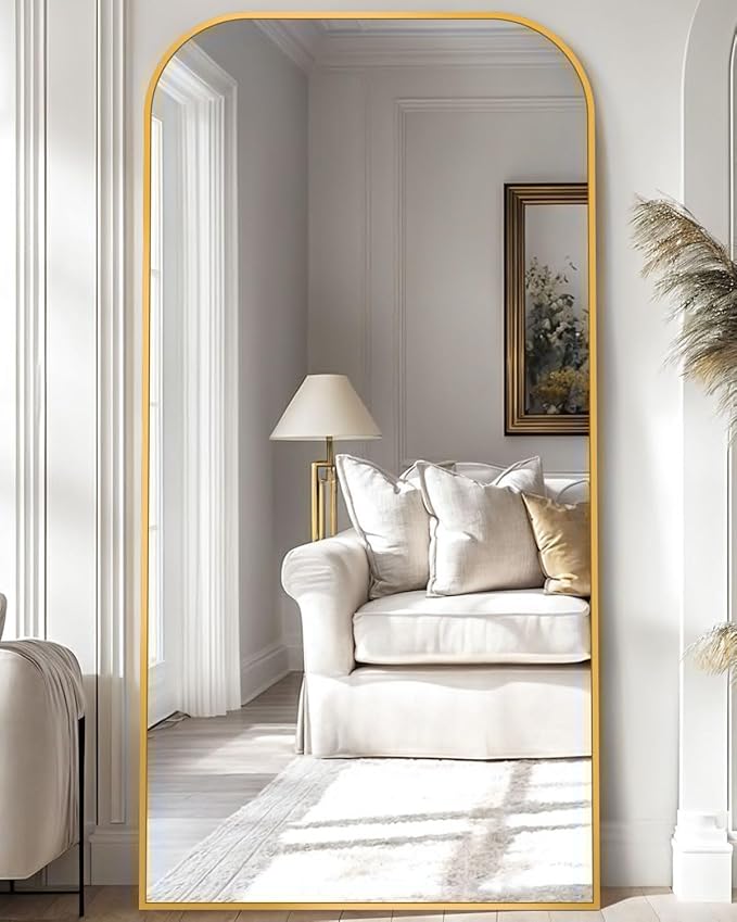 Antok Full Length Mirror, 78"x38" Floor Mirror Freestanding, Arched Floor Standing Large Full Body Mirror with Stand for Bedroom, Hanging Mounted for Living Room, Gold