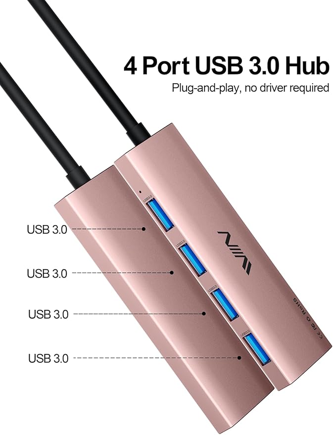 USB 3.0 Hub,4 Port USB Splitter Extender Portable Adapter Multiport Data Hub for Laptop,Xbox, Flash Drive,HDD,Console,Camera,Keyborad,Mouse Windows,Mac OS PC,Not Designed to Charge Devices-Pink
