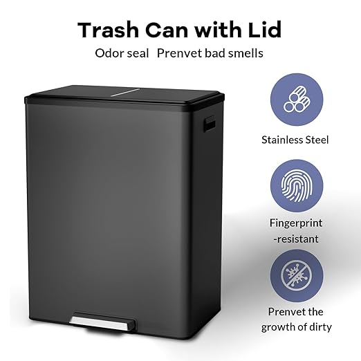 Dual Trash Can with Lid, 16 Gallon/60L Stainless Steel Recycling Trash Bin with 2 Removable Waste Buskets and Wide Pedal, Black Garbage Bin for Home Kitchen