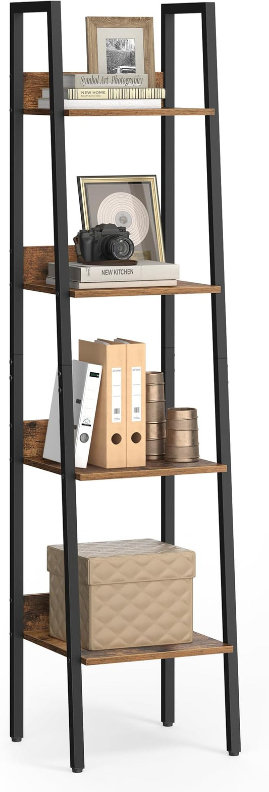 VASAGLE Bookshelf, 4-Tier Narrow Book Shelf, 11.8 x 13.3 x 55.1 Inches, Ladder Shelf for Home Office, Living Room, Bedroom, Kitchen, Rustic Brown and Ink Black ULLS108B01