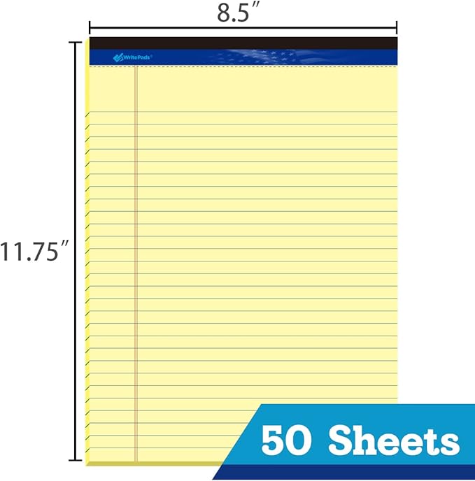 Legal Pads 8.5 x 11 Note Pads, Wide Ruled Writing Pads, Canary Paper, 6-Pack, 50 Sheets, Micro-Perforated Notepads, Office Supplies (KSU-8348) - Made in the USA