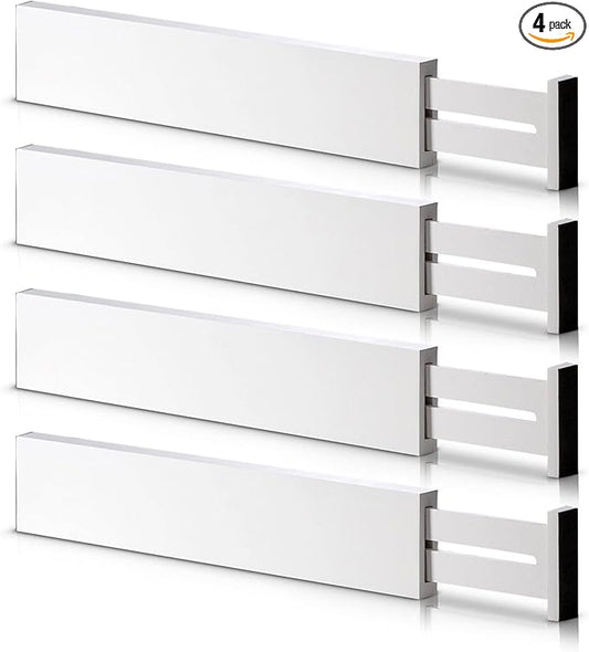 4 Pack Bamboo Drawer Dividers, Adjustable Length from 12 Inch to 17 Inch, Expandable Kitchen Drawer Organizer, Drawer Organization Separators for Clothes, Kitchen, Bedroom, Dresser, Office (White)