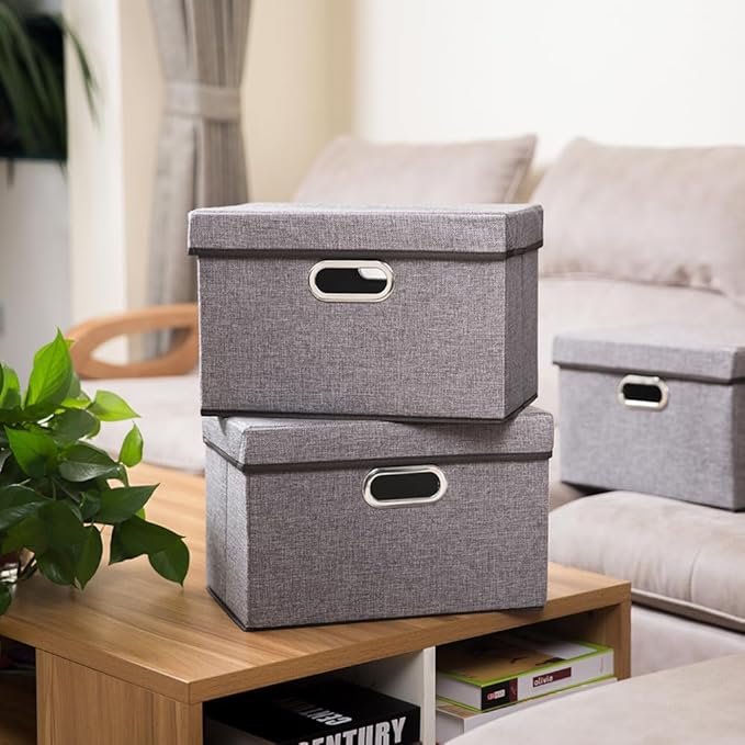 PRANDOM Foldable Storage Boxes with Lids [1-Pack] Linen Fabric Collapsible Storage Bins Organizer Containers Baskets Cube with Cover for Home Bedroom Closet Office Nursery (14.9x9.8x9.8)