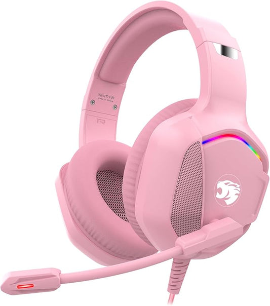Gaming Headset with Microphone for Pc, Xbox One Series X/s, Ps4, Ps5, Switch, Stereo Wired Noise Cancelling Over-Ear Headphones with Mic, RGB, for Computer, Laptop, Mac, Nintendo, Gamer (Pink)