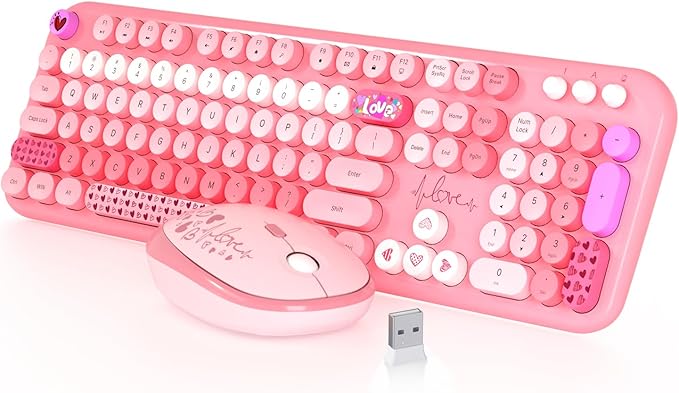 Wireless Keyboard and Mouse,MOFII 104 Round Keys Lovely Full-Size Cute Colorful Keyboard and Mouse with Retro Typewriter for PC/Mac/Laptop/Tablet/Computer/Windows Pink