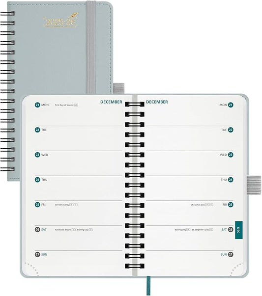 BEZEND Pocket Planner 2025-2026 Weekly with 2 Columns, 18-Month Academic Calendar (Jul 25-Dec 26), Life Work App., Storage Pocket, Pen Holder, PU Leather Softcover 3.5" x 6" Spiral - Dutch Blue