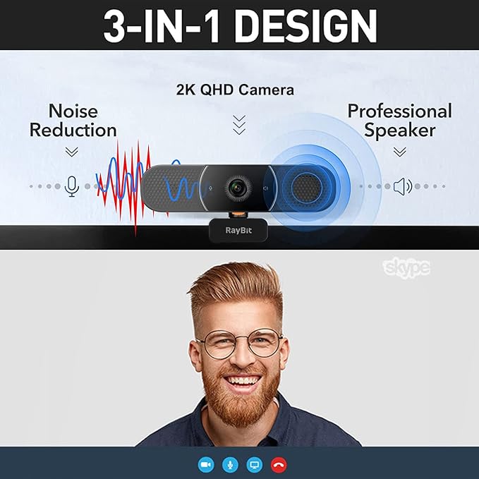 3 in 1 Webcam - 2K HD USB C Webcam with Microphone and Speaker, Stereo Sound & Noise-Cancelling Mics, Privacy Cover, Light Correction, Autofocus Conference Web Camera for Computer/Laptop/PC/Monitor