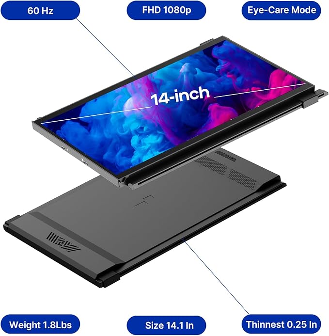 Portable Monitor - New Mobile Pixels Duex Max DS 14.1" Laptop Screen Extender, FHD 1080P USB A/USB C/HDMI Second Monitor for 14'' to 17" Laptops, Windows/MacOS/Android/Switch