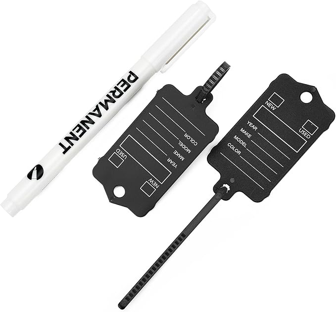 200 Car Key Tags with Labels Plastic Car Dealership Key Tags Self Locking Automotive Identifiers Blank Shop Labels with One Pen (Black)