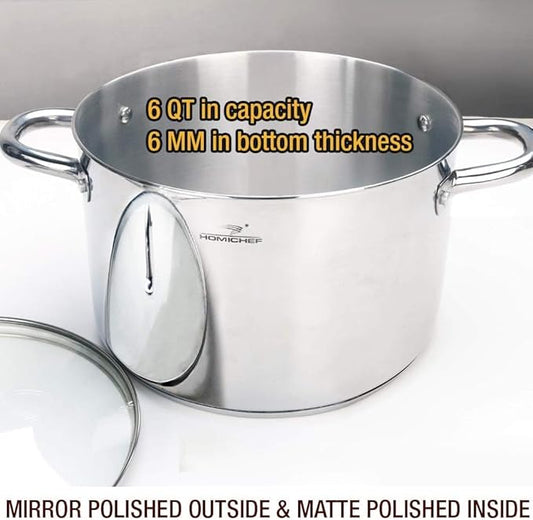 HOMICHEF Stock Pot 6 Quart Nickel Free Stainless Steel - 6 Qt Soup Pot With Lid and Handle - Small Cooking Pot 6 Quart - Ideal for Soup, Sauce, and Induction Cooking