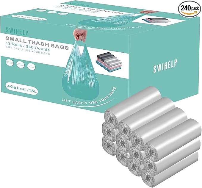 Small Trash Bags 240 Count Garbage Bags SWIHELP Waste Basket Liners for Bathroom, Kitchen,Bedroom, Office Pet Car 15 Liter Trash Can 4 Gallon…