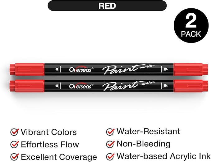 Overseas Red Acrylic Paint Markers, 2 Pack Dual Tip Paint Pens Acrylic Markers with Dot and Brush Tip, Coloring Marker for Wood, Rock, Canvas, Glass, Metal, Ceramic, Plastic, Fabric, School Supplies