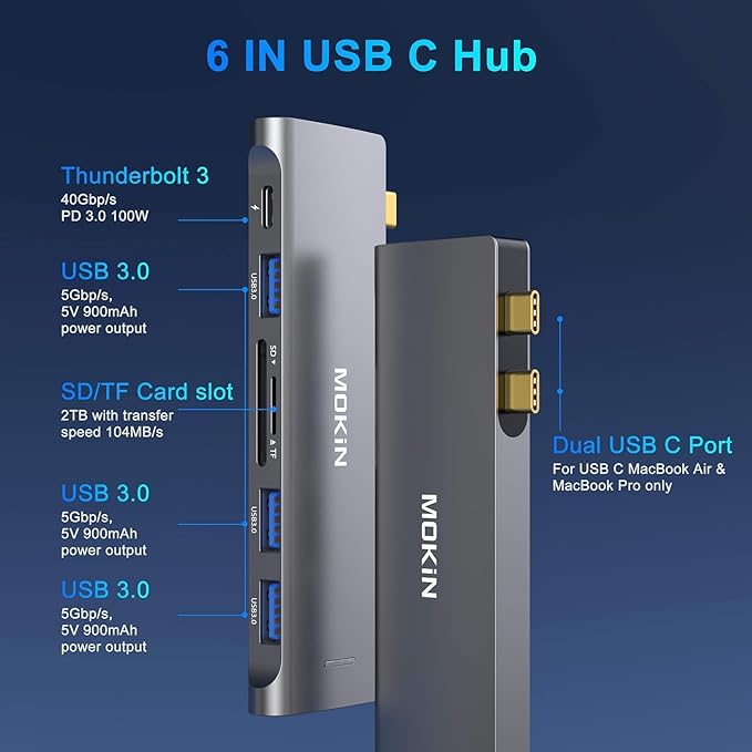 USB C Adapter for MacBook Pro/Air M1 M2 2021 2020 2019 2018,MOKiN Hub MacBook Pro Accessories with 3 USB 3.0 Ports,USB C to SD/TF Card Reader and 100W Thunderbolt 3 PD Port
