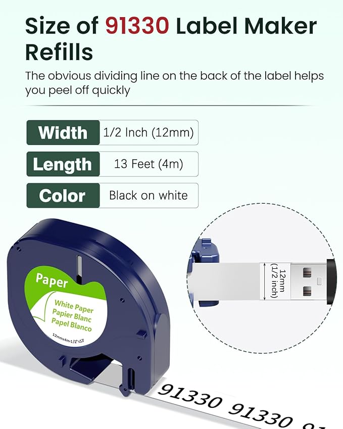 6-Pack 91330 Compatible with Dymo LetraTag Label Tape Refills, 12mm x 4m (1/2" x 13') White Paper Compatible with Letra Tag Label Makers LT-100H, LT-100T, Easy-Peel, Strong Adhesive, Clear Printing
