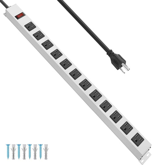JUNNUJ Metal 12 Outlet Power Strip, Mountable Heavy Duty Power Strip, 1200J Surge Protector Wall Mount Screws Outlet with Switch, Gaming Desk Strips Wide Spaced 15A 125V 1875W, 6 FT 14AWG Power Cord