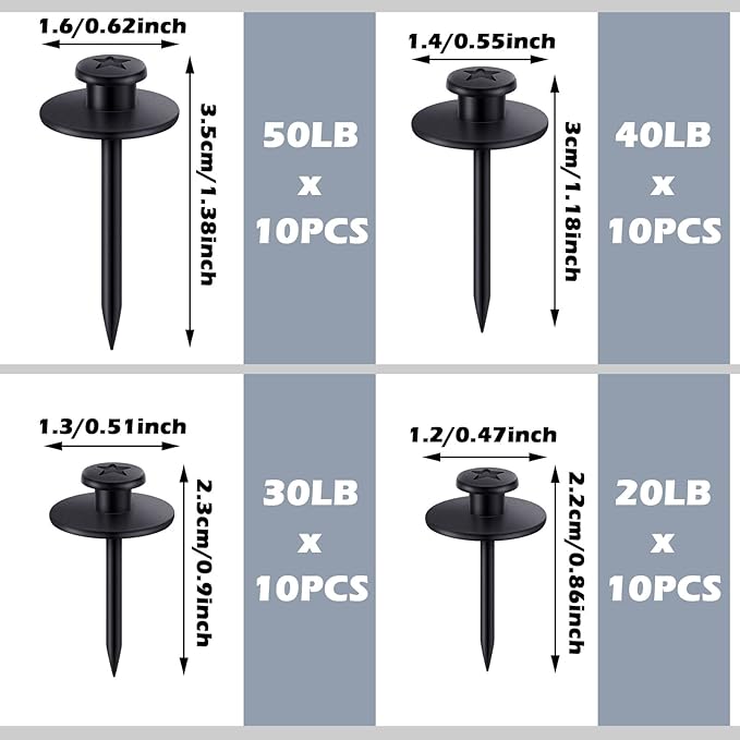 Zhengmy 40 Pcs Double Headed Picture Hangers Nails 4 Size Long Thumb Tacks Wall Nails for Hanging Pictures Decorative Push Pins Hooks for Drywall Photo Office Home Decor, 20/30/ 40/ 50lb(Black)