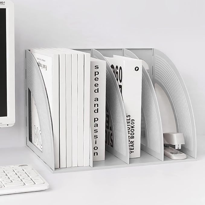 SAYEEC File Holder Storage Folder 4 Compartment Standing Desktop Hollow Organizer Files Shelf Plastic Notebook Magazine for Office School Home Supplier Students (Random Light Gray OR Blue)
