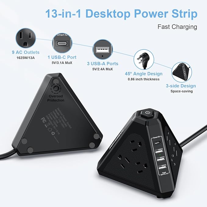 Tower Surge Protector Power Strip, NVEESHOX 9 AC Outlets with 4 USB Ports (1 USB C) 3-Side Triangle Outlets with USB Ports,6.5 Ft,Flat Plug, Charging Station with Surge Protection (Black+6.5 FT)