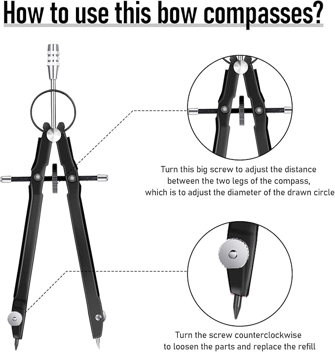 EBOOT Student Geometry Math Set, Drawing Compass and 6 Inch Clear Swing Arm Protractors 180 Degree Math Protractor (Black and Black)