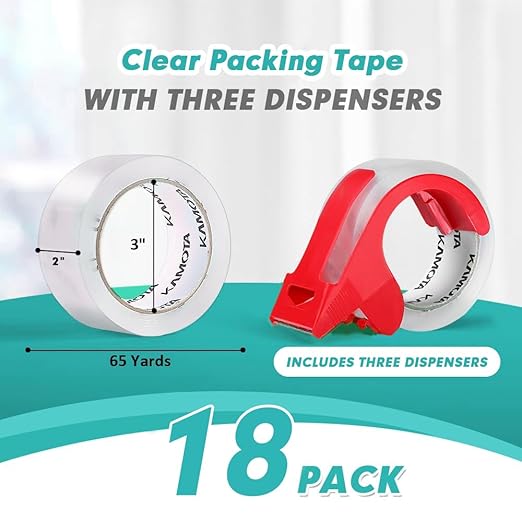 KAMOTA Packing Tape, 18 Rolls Heavy Duty Clear Packaging Tape for Shipping Packaging Moving Sealing, 2 inches Wide, 65 Yards Per Roll, Total 1170 Yards with 3 Dispensers