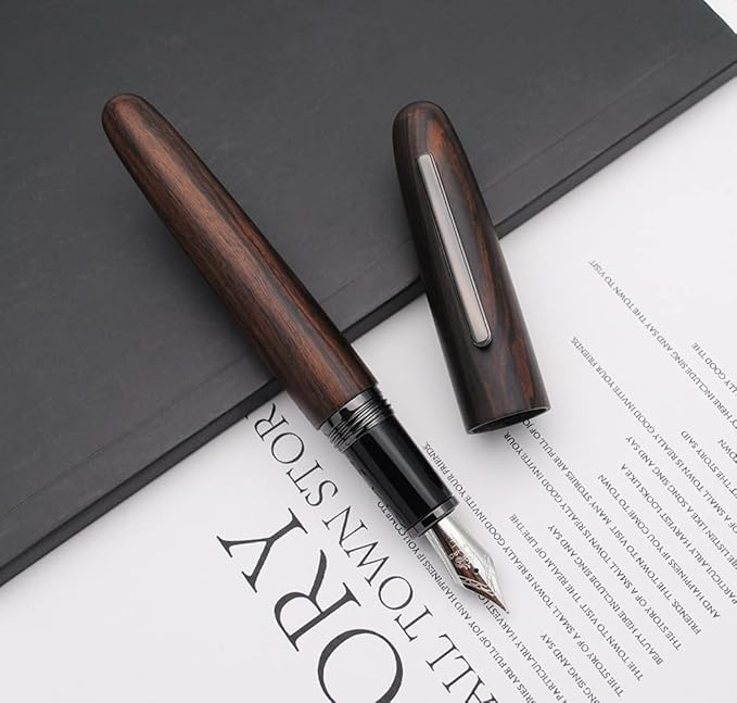 JINHAO 9056 Natural Wood Fountain Pen Handmade Ink Pen (Ebony Wood, Black clip, Fine Nib 0.5mm)