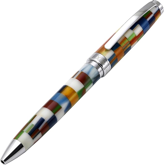 Xezo Urbanite II Twist Action Ballpoint Pen, Medium Point. Jazzy Multicolor Checkered Acrylic on Brass. Chrome Plated. Handcrafted, Limited Edition, Serialized