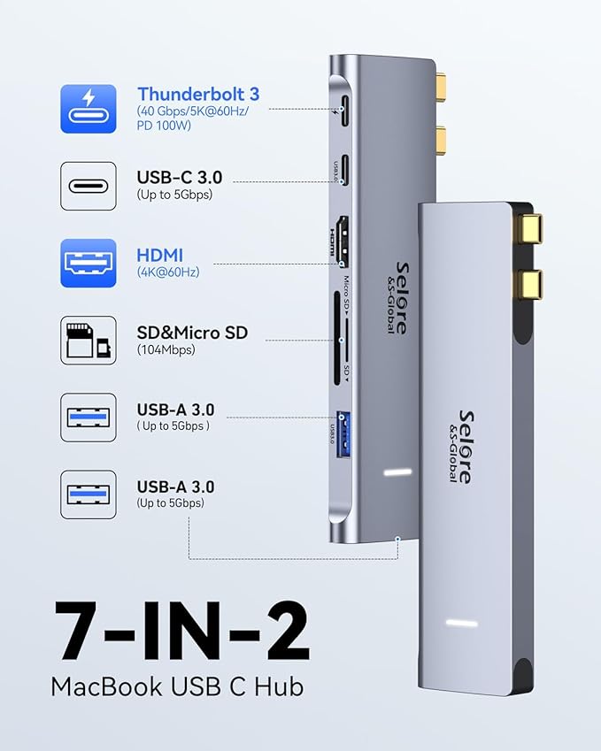 USB C Adapter HDMI Hub for MacBook Pro/Air M1 M2 M3 2024 2023 13" 15" 16",Mac USB Adapter 7-in-2, MacBook Accessories with HDMI,Thunderbolt 3, USB C and 2 A 3.0 Data Ports, SD&microSD Card Reader