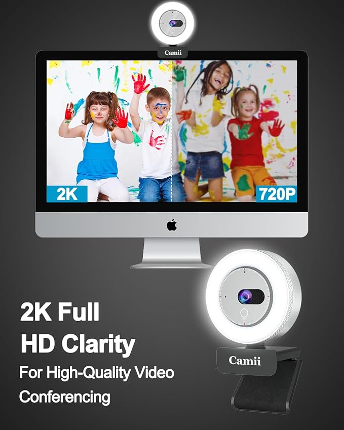 2K Webcam with Light, HD Webcam for PC with Built-in Privacy Cover, Adjustable Brightness, Noise Reduction Mics, for Zoom Skype Teams Laptop and Google Meet