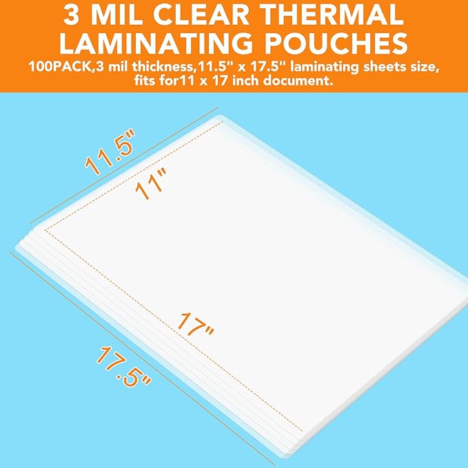 CAREGY 100 Pack Laminating Sheets, Hold 11 x 17 Inch Sheet, 3 Mil Clear Thermal Laminating Pouches 11.5 x 17.5 Inch Lamination Sheet Paper for Laminator, Round Corner