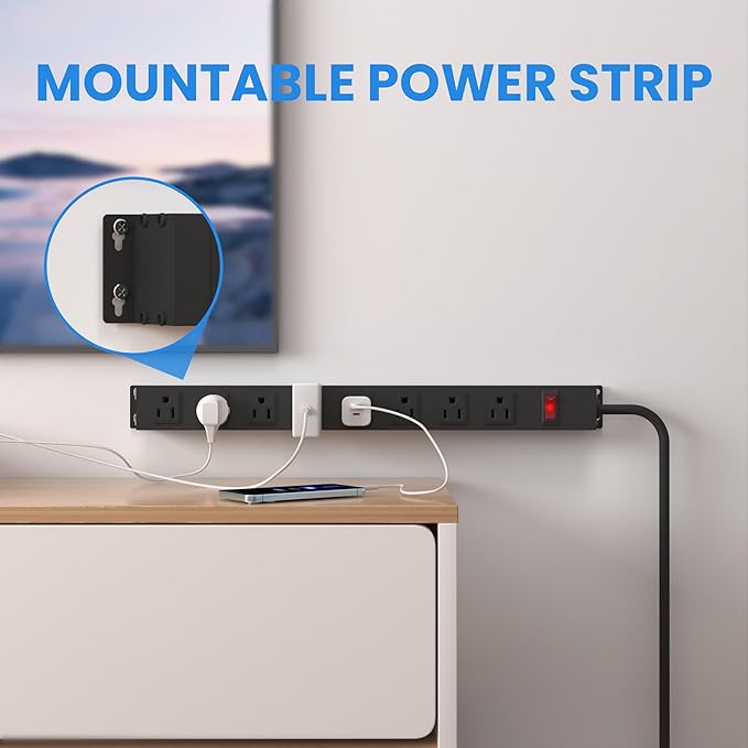 8 Outlet Metal Power Strip,6FT Long Extension Cord Heavy Duty Power Strip for Kitchen,Office,School,Commercial,Workshop,Industrial ETL Certified and Listed Socket,1825W/125V/15A,Black(6FT)