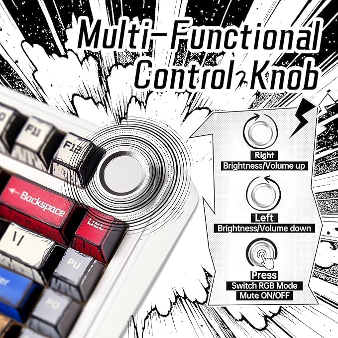 x Aula F75 Mechanical Keyboard, Wireless RGB Backlit Gaming Keyboard w/Knob, 81 Keys Compact Gasket Mount Pre-lubed Hot-Swap Reaper Switches, Bluetooth/2.4GHz/Type-C, Creamy Sounding Manga Keycaps