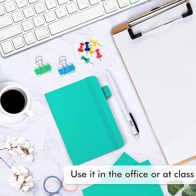 feela 15 Pack Pocket Small Notebooks Bulk, Mini Cute Memo Notepads Hardcover College Ruled Lined Journals with Pen Holder for Women Girls Office School, with 15 Black Pens, 3.5”x 5.5”, A6, Aqua