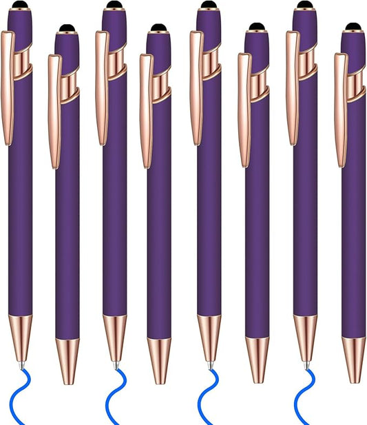 8 Pcs Blue Ink Ballpoint Pen with Stylus Tip 2 in 1 Stylus Ballpoint Pen Metal Pens Stylus Pen for Touch Screens School Office Coworkers (Purple Rose Gold)