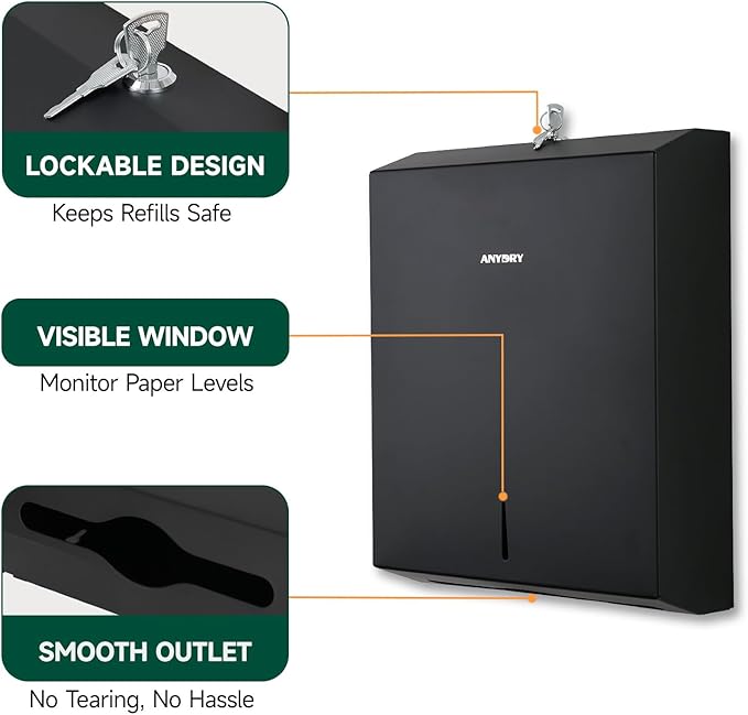 Commercial Paper Towel Dispenser Wall Mount 400-Sheet Capacity Matte Black Stainless Steel Lockable Fits Multifold/Z-Fold Towels (Folded Size ≤ 10.6" x 3.9")