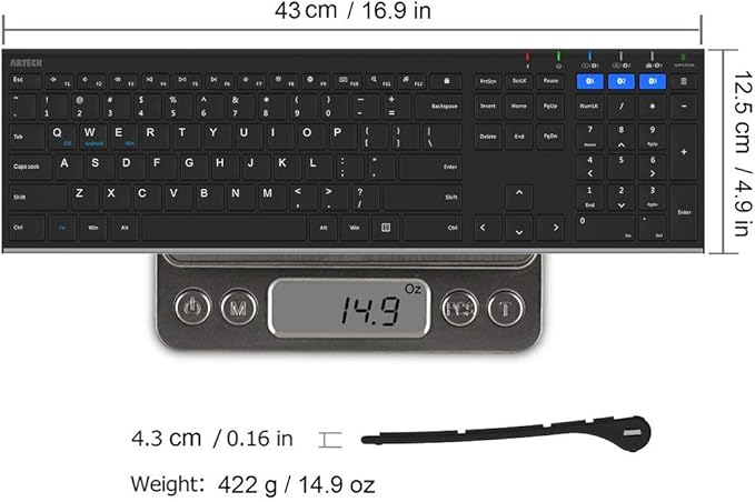 Arteck HB192 Universal Bluetooth Keyboard Multi-Device Stainless Steel Full Size Wireless Keyboard for Windows iOS Android Computer Desktop Laptop Surface Tablet Smartphone Rechargeable Battery