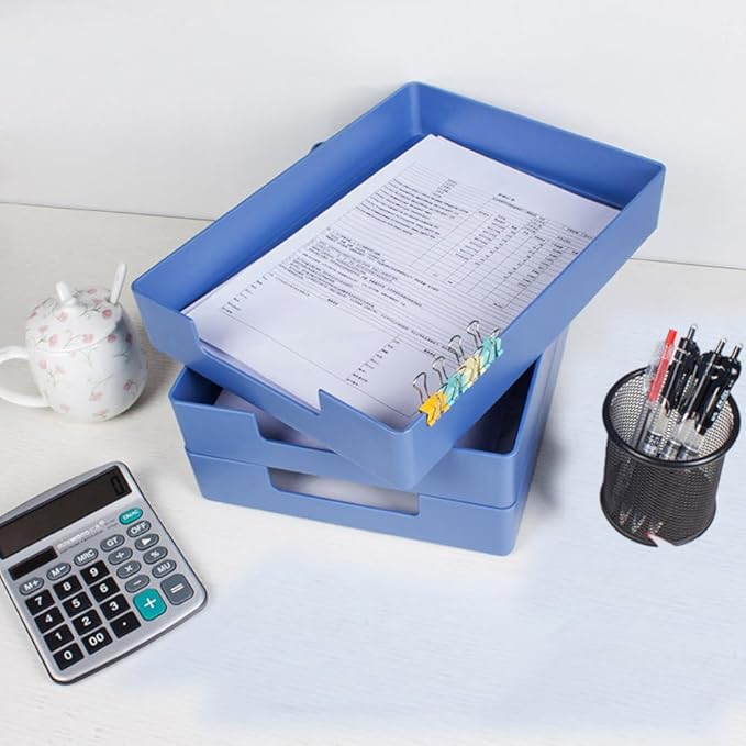 Desk Letter Tray, 2PCS A4 Size Plastic Stackable File Document Organizer, Office Desktop File Paper Holder, Book Storage Rack,Anti-Skid Stacking Support for Office Supplies (Blue)